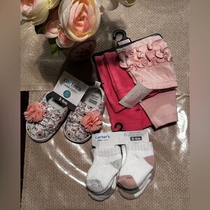 Carter's baby girl bundle with Floral Shoes/Pink Leggings Set & socks from 0-6m